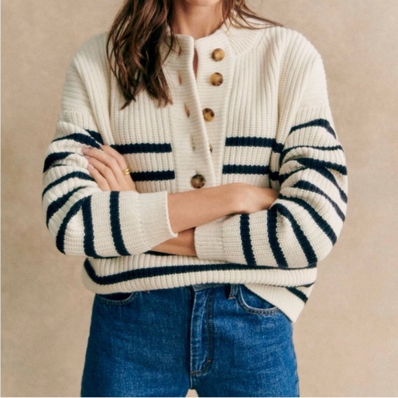 Sezane Sweaters - Striped Cream and Black Button-Up Sweater